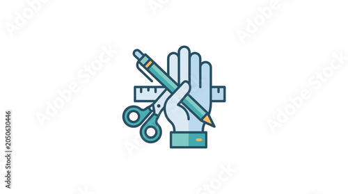 Flat Design Illustration of Hand Holding Drawing Tools