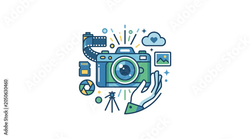 Flat Line Illustration of Photography Equipment and Camera Concept