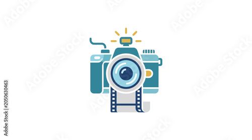 Flat Vector Icon of a Modern Camera with Film Strip