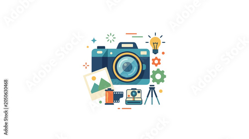 Flat Design Illustration of Photography Equipment and Creative Tools