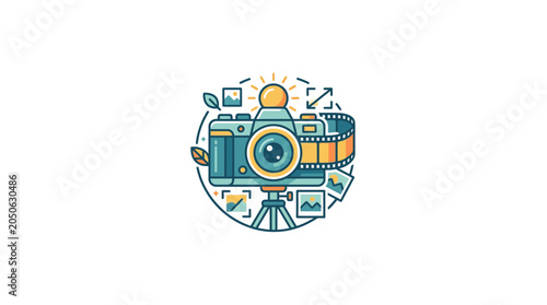 Flat Vector Icon of Vintage Camera with Film Strip and Tripod