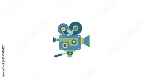 Flat Vector Illustration of a Vintage Film Camera with Peace Dove Icon