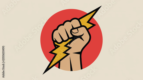 A powerful fist holding a golden lightning bolt symbol against a red circle on a beige background