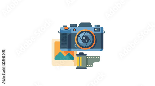 Flat Vector Icon of Professional Camera with Film Roll and Photo Print