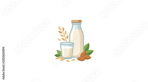 Fresh Oat and Almond Plant-Based Milk Vector Illustration