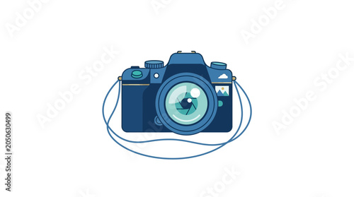 Flat Vector Illustration of a Professional DSLR Camera with Neck Strap