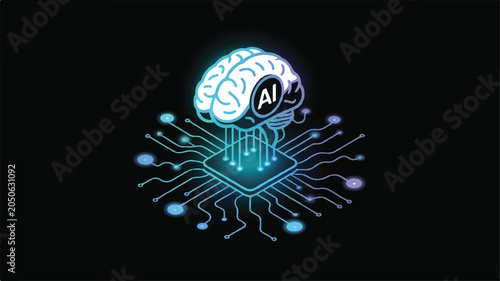 An illustration depicts a futuristic AI brain emerging from a circuit board in a digital landscape.