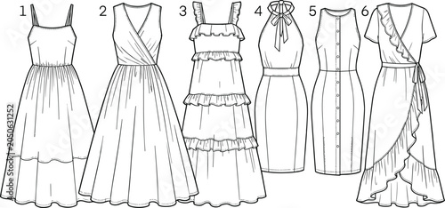 Foto Technical fashion flat sketch collection of various women's summer dresses inclu
