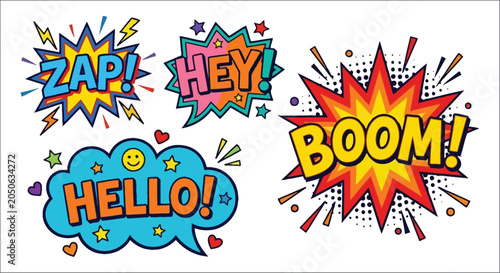 Foto Comic book style speech bubbles with onomatopoeia vibrant vector illustration