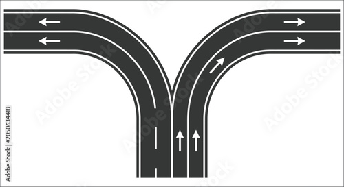 Bild auf Leinwand Road bifurcation with directional arrows black silhouette on white background