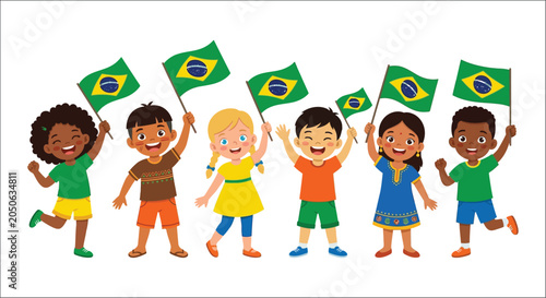 Photos Children waving brazilian flags colorful vector illustration on white background