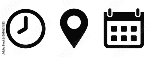 Time address and date icon vector featuring clock, map pin location, and calendar symbols in flat style for scheduling and navigation, vector, designs