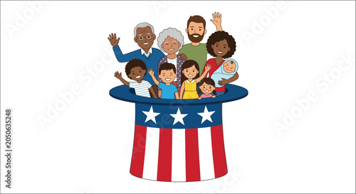 Schilderij op canvas Family group emerging from uncle sam hat vector illustration