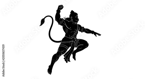 Schilderij op canvas Silhouette of Hanuman, Hindu deity, jumping in action pose against white backgro