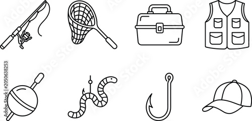 Schilderij op canvas Fishing equipment and angling accessories icons collection, recreational sport i