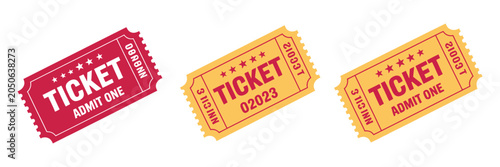 Ticket icon set featuring movie show tickets, cinema admission symbols, flat style entrance coupons, event access passes, and entertainment booking graphics, vector, designs