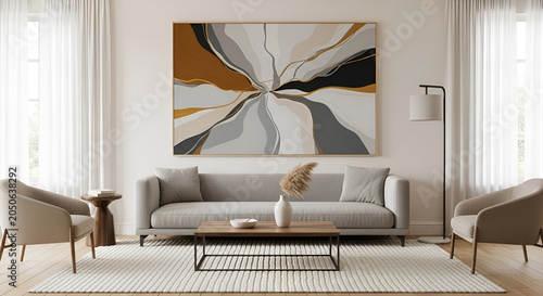 Bright and cozy scandinavian style living room interior with wooden dining table, chairs, sofa, green plant, and abstract frames on wall