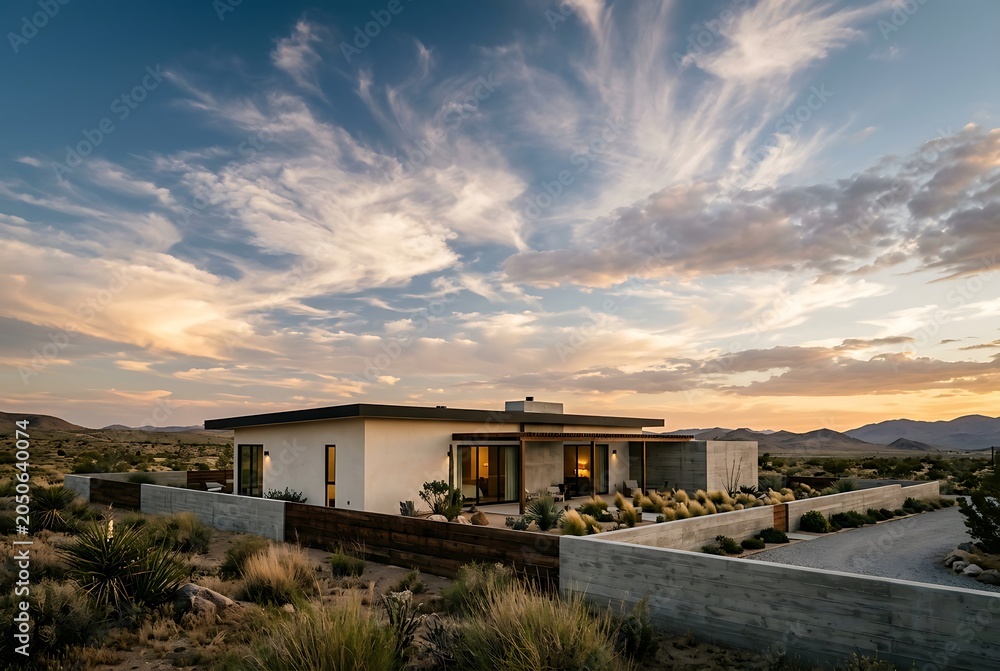 Obraz premium Modern luxury desert home with a stunning sunset sky and mountain views
