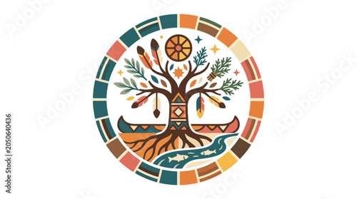 Fotografie Indigenous Culture Tree Symbol with Canoe and River Illustration