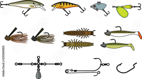 Schilderij op canvas Fishing Tackle Components Collection with Crankbait Jig Soft Plastic Lure Spinne