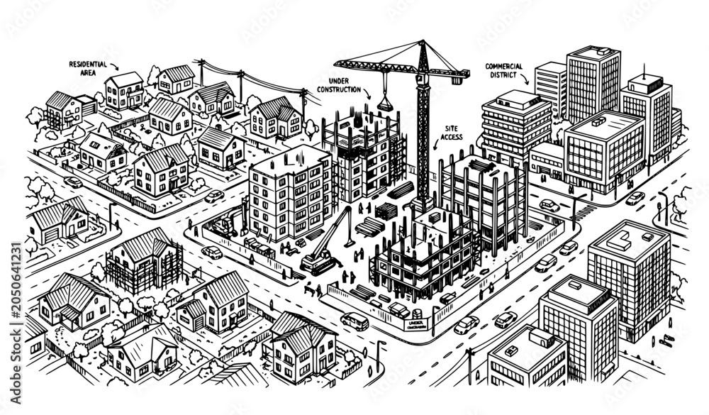 Fototapeta premium Urban construction and city buildings sketch vector illustration