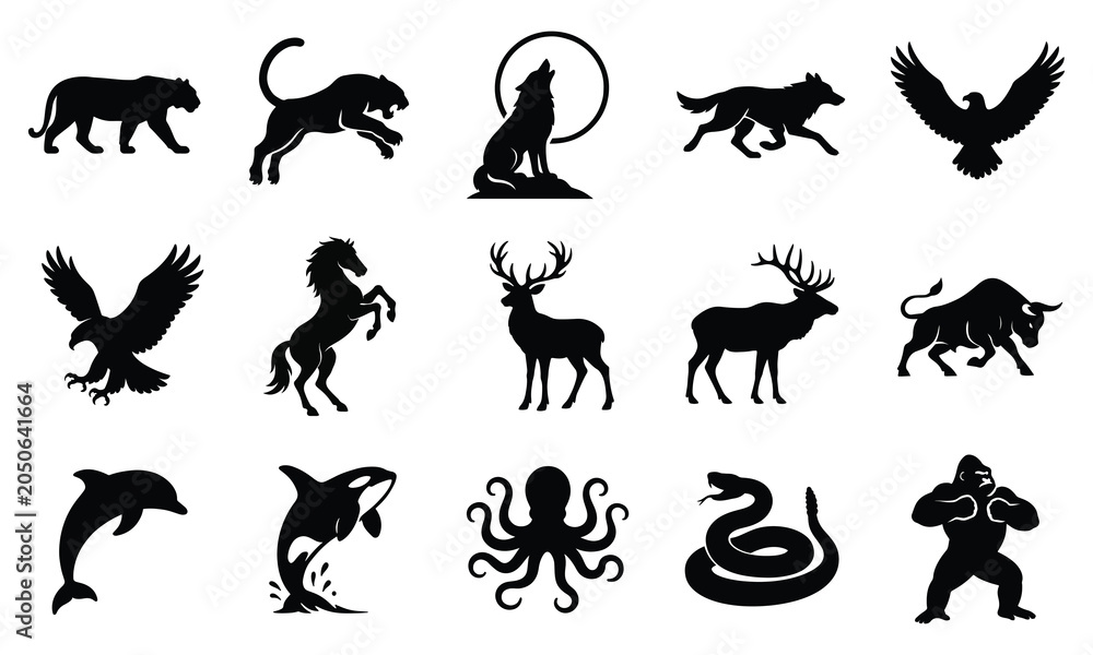Obraz premium Reptile and marine life black silhouette illustration collection
