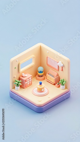 Charming 3D Isometric Render of a Cozy Miniature Room Diorama in Pastel Colors