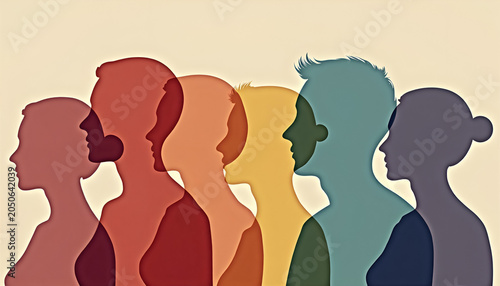 Silhouettes of diverse people in profile against a soft colorful background
