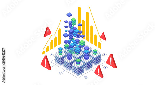 3D isometric cubes with warning signs.