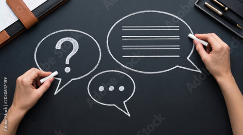 Hands drawing speech bubbles with chalk on a blackboard, representing business communication, questions, and discussion