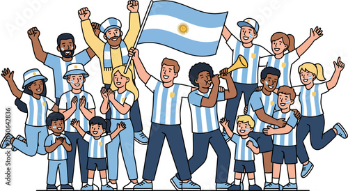 Canvastavla Diverse group of people celebrating with Argentine flag and soccer jerseys in un