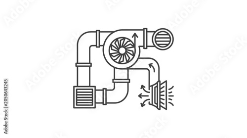 Foto Automotive turbocharger and air intake system line art diagram.
