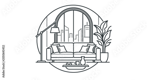 Fotografia Circular living room interior scene with city skyline view.