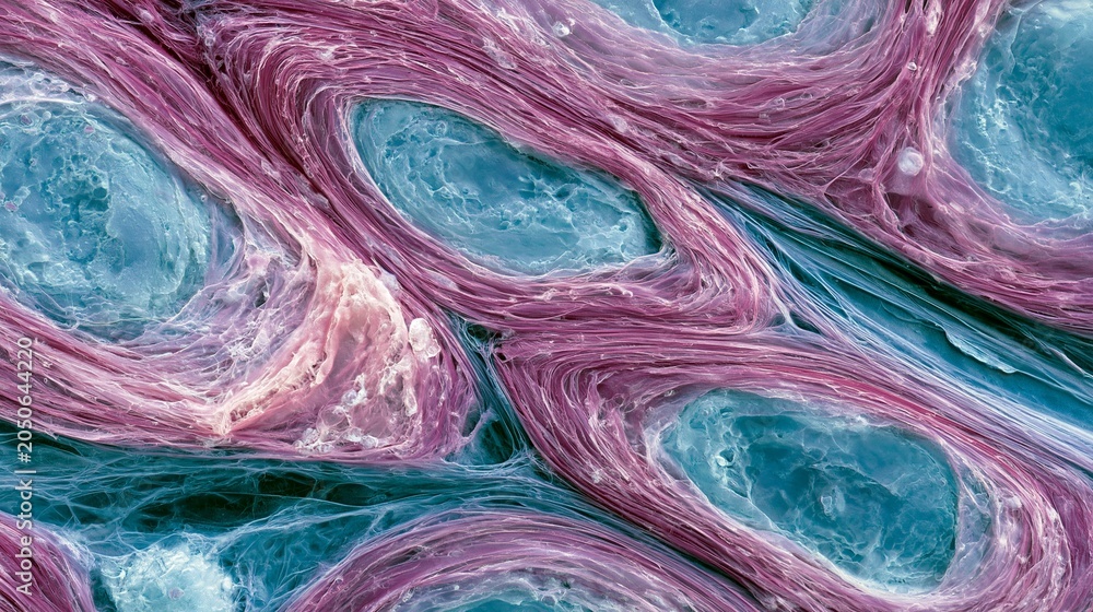 Obraz premium Medium shot of dense connective tissue cross section highlighting layered collagen fibers and fibroblasts under subtle staining cooltoned clinical microscope perspective.
