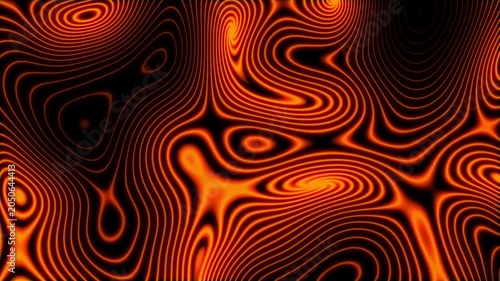 Seamless loop animated background featuring fiery orange glowing abstract wavy lines. Hypnotic fluid motion resembling magma, neon topography, or pulsing energy waves
