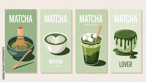 A minimalist poster set of four matcha tea designs on a wall