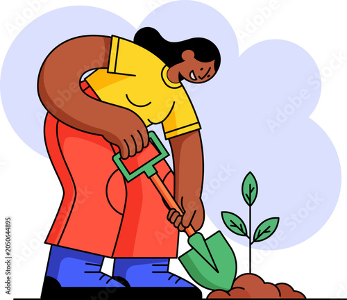 Vibrant illustration of a woman planting a sapling with a green shovel. Caring for nature, gardening and ecology concept. Perfect for gardening, sustainability, or eco friendly design projects.