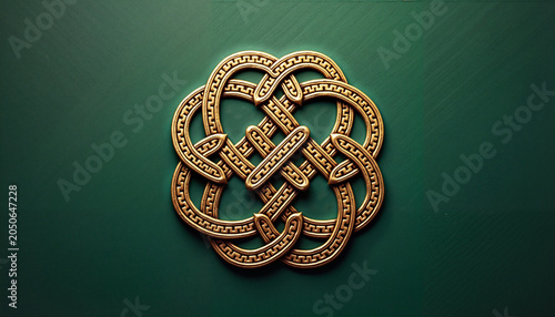 Celtic knot design in gold on a green background
