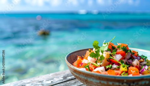Fresh seafood salad on a wooden table overlooking the ocean on a sunny day with a bowl of ceviche