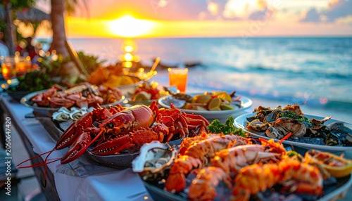 A seafood buffet setup on a table by the ocean at sunset with lobster, shrimp, and other dishes.