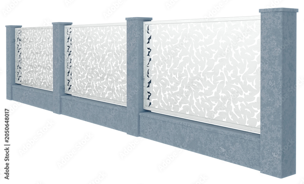 Fototapeta premium high-quality 3d realistic render of a perspective view depicting a continuous architectural boundary wall with three white decorative laser-cut openwork panels and precast concrete pillars