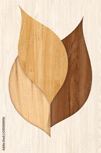 Wooden leaf inlay background texture. Decorative timber marquetry panel with multi-toned wood grain leaves.