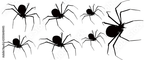Fotografie Black spider silhouettes collection, group of seven creepy arachnid insects, dar