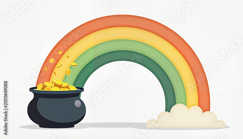 Colorful rainbow with pot of gold and white clouds on a light background