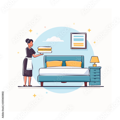 Maid with clean towels in a hotel bedroom