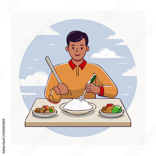 Man happily eating a meal of rice and side dishes