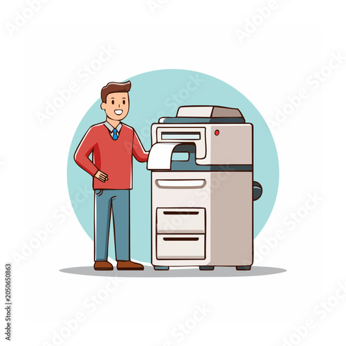 Man standing next to a modern office copier machine