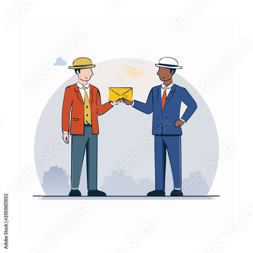 Two men in suits exchanging a yellow envelope