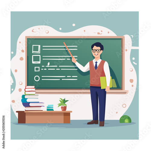 Teacher standing by blackboard with pointer and books