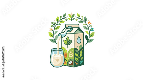 Fotografía Plant-based milk carton being poured into a glass